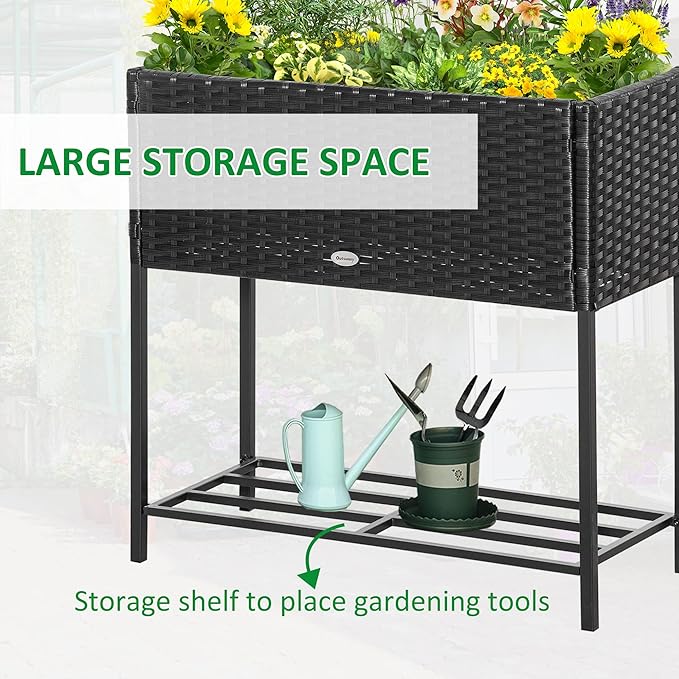 Raised Garden Bed Elevated Planter Box with Rattan Wicker Look Tool Storage Shelf Portable Design for Herbs Vegetables Flowers Black