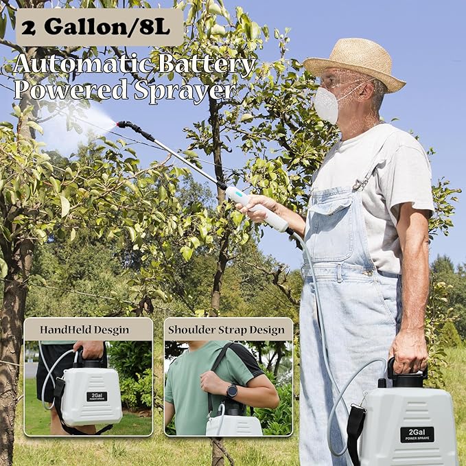 Battery Powered Sprayer 2 Gallon Powerful Electric Garden Sprayer with 3 Mist Nozzles USB Rechargeable Handle Retractable Wand and Adjustable Shoulder Strap for Irrigation Weeding (White)
