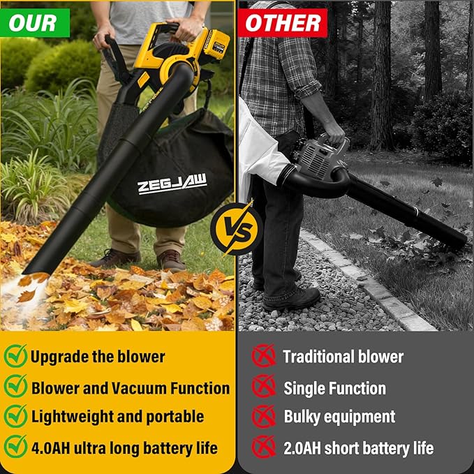 3-in-1 Cordless Leaf Blower &amp Vacuum Leaf Vacuum Mulcher with Bag 40V 170MPH 360CFM 5 Speeds Electirc Leaf Blowers for Lawn Care 2x4.0Ah Battery &amp Charger Included