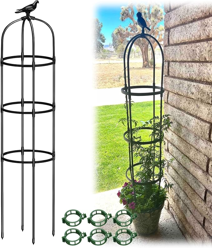 Garden Trellis for Climbing Plants Metal Obelisk Flowers Stand Tomato Cage Plant Support Metal Pipe for Vines Flower Climbing Rose Clematis Vegetable Tomato Trellis(Black28x115cm)
