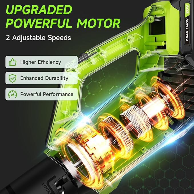 Leaf Blower Cordless Leaf Blower with Battery and Charger - 2 Speed Modes 2 Batteries 20V Powerful Lightweight Electric Blowers for Blowing Leaves Lawn Care Patio Cleaning and Dust Green