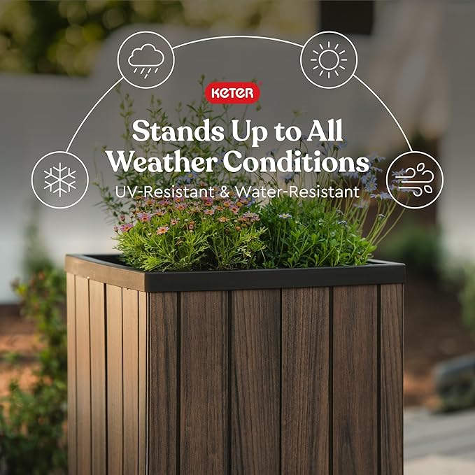 Keter Signature 21.6 Inch Tall Square Large Wood Look Planter for Indoor or Outdoor Flower Pot Ideal for Patio Deck and Front Porch Decor Rosewood