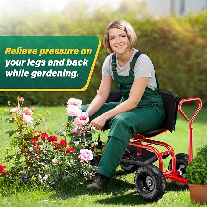 Garden Seat with Wheels Rolling Garden Stool with Adjustable 360°Swivel Seat Storage Basket &amp Extendable Handle Outdoor Gardening Scooter Garden Cart Workseat Stools for Seniors