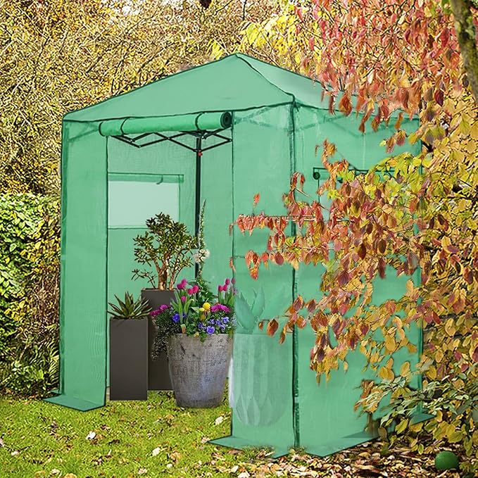 EAGLE PEAK Replacement Cover for 6x4 Portable Walk-in Pop up Greenhouse Front Roll-Up Zipper Entry Door and 2 Roll-Up Side Windows (Frame Not Included) Green