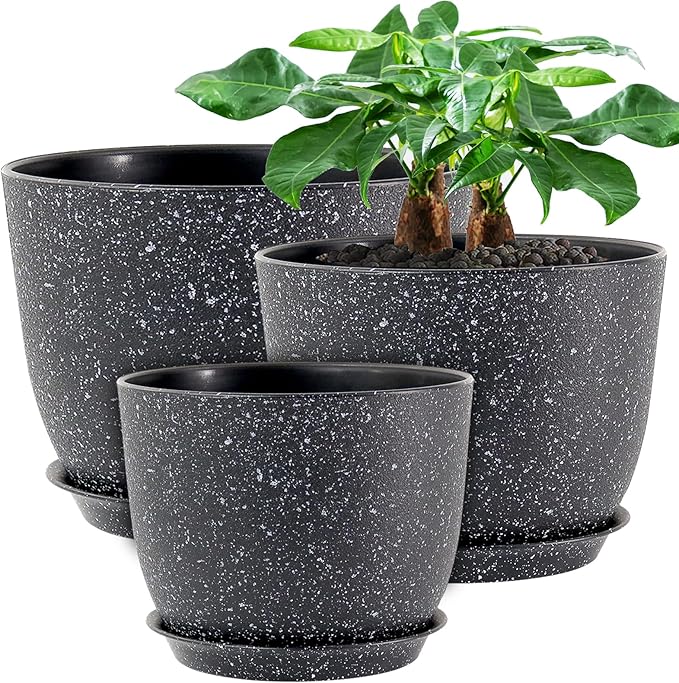 12/10/9 Large Modern Plant Pots Plastic Planters with Drainage Holes and Saucers for Indoor Outdoor Plants Flowers Black Speckles