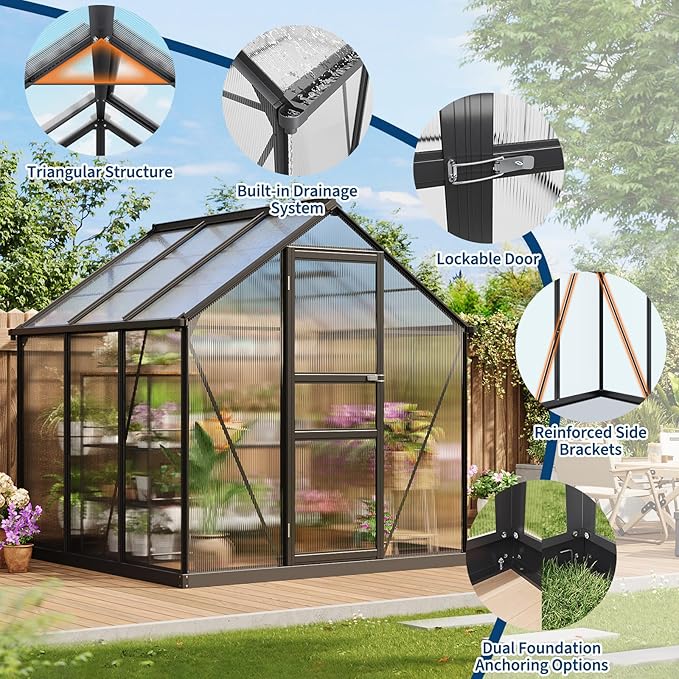 Greenhouse 6×6FT Greenhouses for Outside Polycarbonate Greenhouse with Aluminum Frame Lockable Door and Ajustable Roof Vent for Backyard Green Houses for Outside Garden Backyard Patio