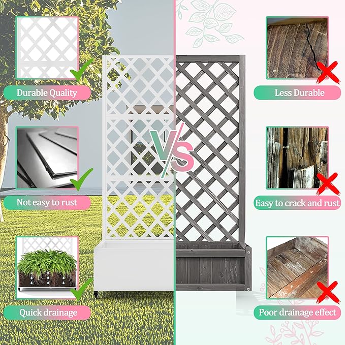 Metal Raised Garden Bed with Trellis for Climbing Plants Vegetable VinesMetal Planter Box with Trellis 73x35x16Trellis with Planter Box &amp Privacy ScreenRaised Garden Bed On Wheels(White)
