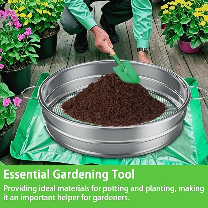 19“ Large Soil Sifter with Handle for Gardening Dirt Sifter Compost Sifter Rock Sand Sifter Wheelbarrow Sifter Garden Soil Sieve Metal Gravel Pellet Worm Sifter Heavy Duty Bin Outdoor
