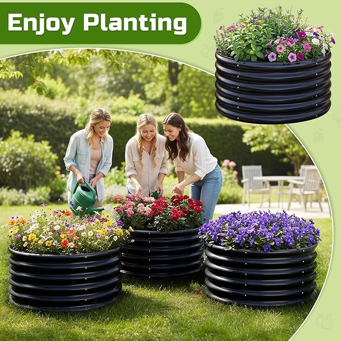 AHEONLAR 3PCS 2x2x2FT Galvanized Raised Garden Bed Kit Round Metal Flower Box Large Planter Raised Beds Outdoor Garden for PlantingFruitHerb Black