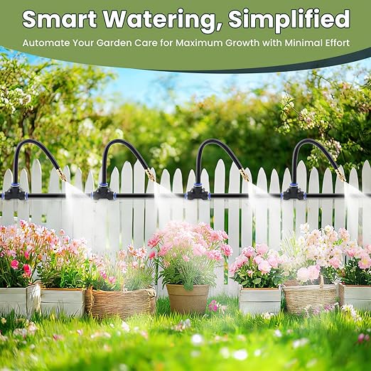 Automatic Drip Irrigation Kits - Garden Watering System with 360° Bendable Spray Adjustable Copper Atomizing Nozzles for Yard Lawn Raised Bed Greenhouse Potted Plants (15 Nozzles 50FT Hose)