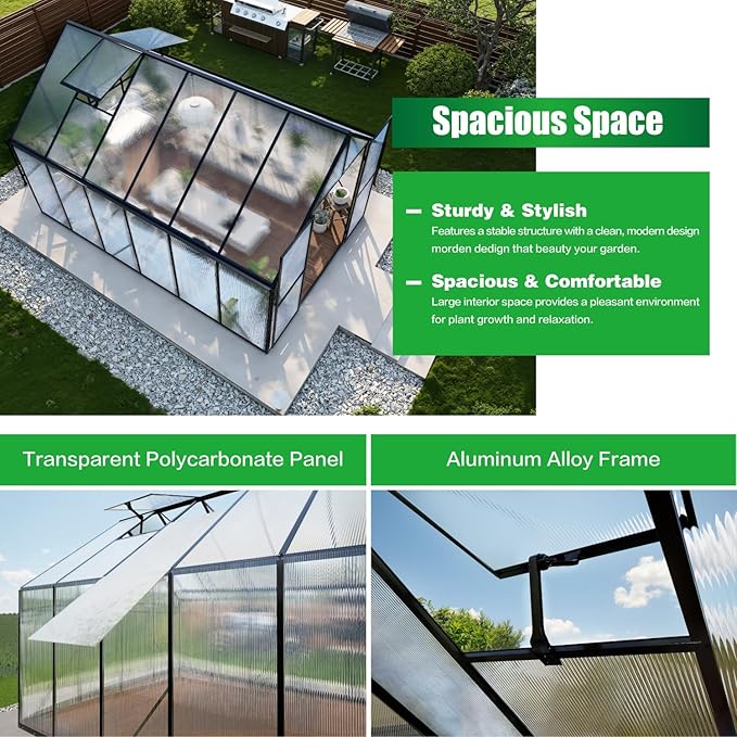 8x12 FT Greenhouse for Outdoors Polycarbonate Green House with Adjustable Roof Vent and Rain Gutter Aluminum Large Walk-in Greenhouse with Quick Setup Structure for Outside Garden Backyard Patio