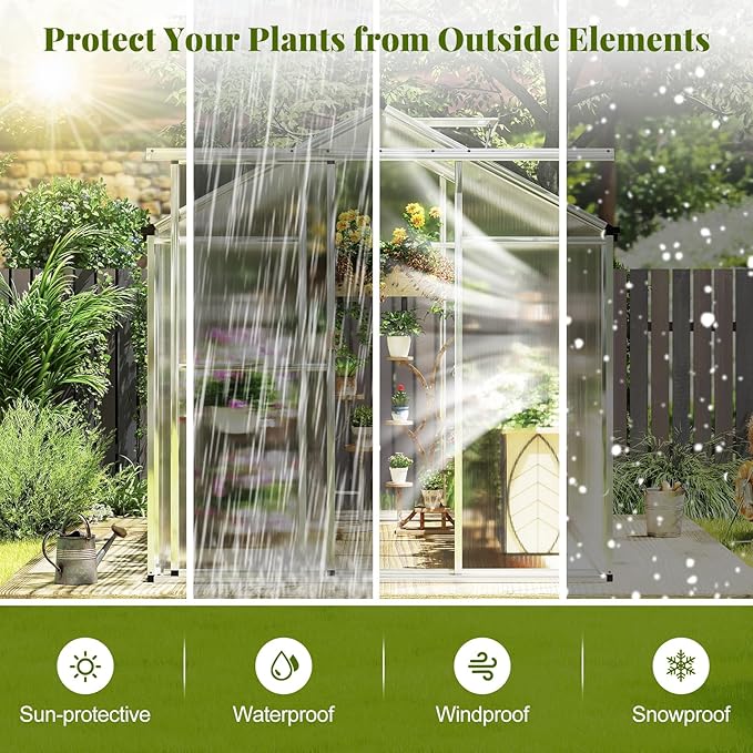 Happygrill Greenhouse 6 x 8 x 6.5FT Outdoor Polycarbonate Greenhouse w/ Sliding Door Adjustable Roof Vent Rain Gutter Heavy-Duty Aluminum Greenhouses for Outdoors Garden Backyard Patio Lawn