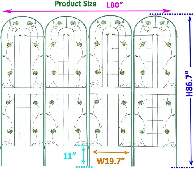 2 Pack Metal Garden Trellis 86.7 H Garden Fence Rustproof Trellis for Climbing Plants Support Roses Flower Outdoor Lawn Green