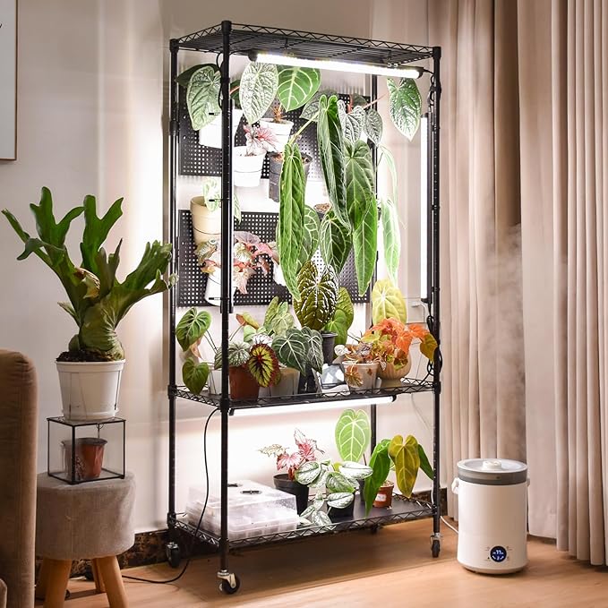 Bstrip Plant Cabinet with Pegboard 3 Tier Plant Shelf with Grow Light Metal Plant Stand with 4 Pack 96W Grow Lights for Indoor Plant Foliage Plants Seed Starting 29.5x13.8x59