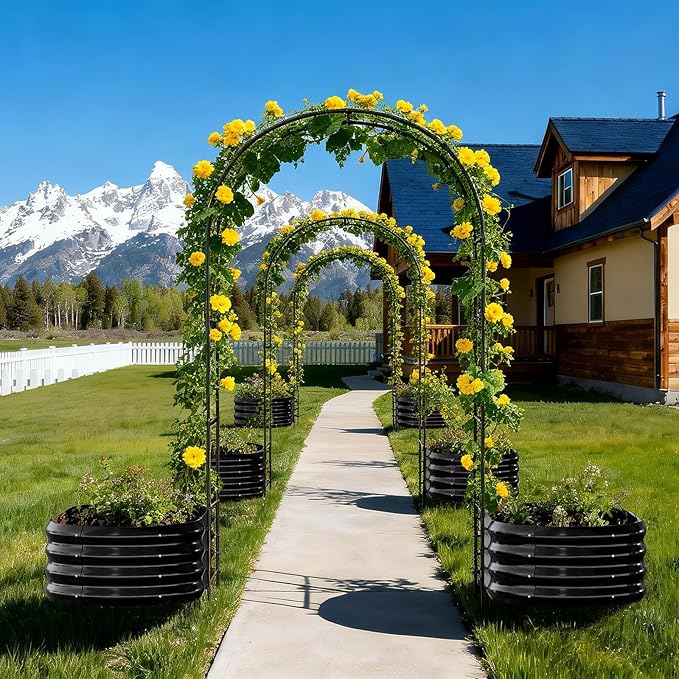 DoCred 3 in 1 Raised Garden Bed with 87in Tall Arch Trellis for Climbing Plants Galvanized Planter Garden Box Outdoor for Gardening Climbing Vegetables Flower Black