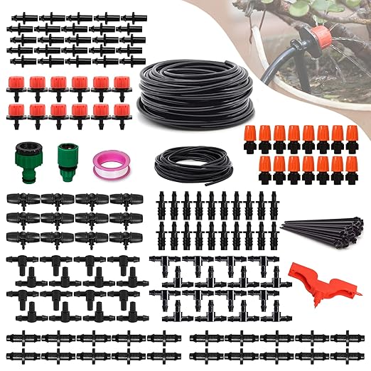 EAGLE PEAK 131 ft Automatic Drip Irrigation Kits DIY 1/4 Distribution Tubing Hose Adjustable Nozzle for Lawn Greenhouse Raised Bed Patio