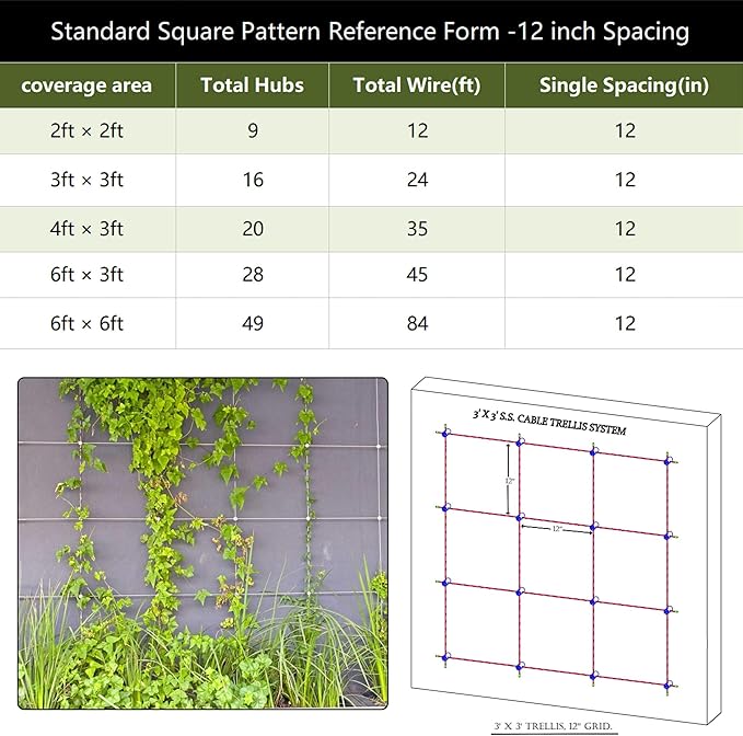 Wire Trellis for Climbing Plants Outdoor 12-Set Wall Wire Trellis Kit with 1/8in x 53ft Stainless Steel Cable T316 Cylindrical Espalier System for Fence and Garden DIY Projects