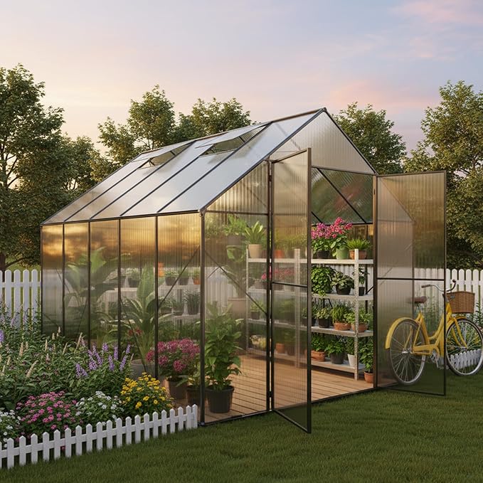 Kingdura 8x10ft Walk-in Greenhouse for Outdoors Large Polycarbonate Greenhouses with Heavy Duty Aluminum Frame Adjustable Roof Vent Lockable Door UV Protection for Outside Garden Backyard