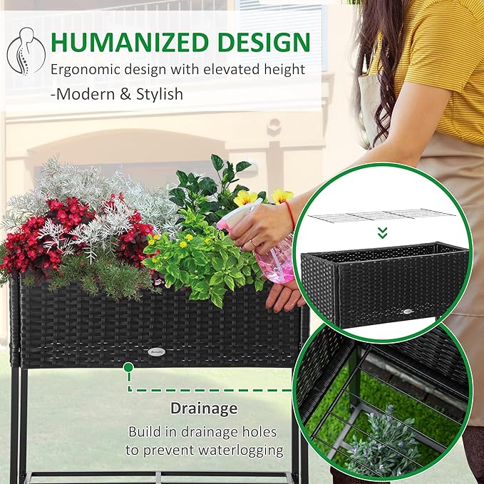 Raised Garden Bed Elevated Planter Box with Rattan Wicker Look Tool Storage Shelf Portable Design for Herbs Vegetables Flowers Black