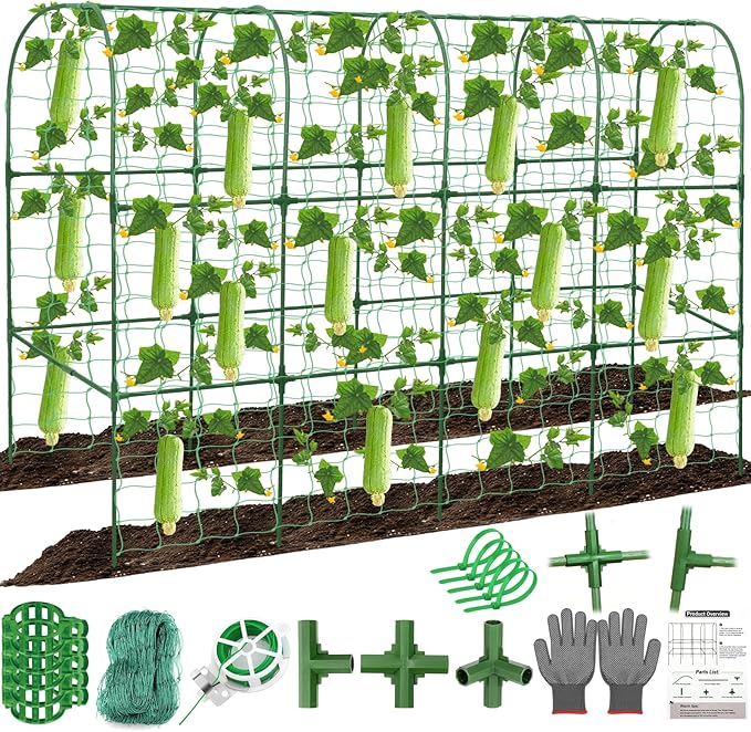 67 x 50 Cucumber Trellis for Raised Bed U-Shape Metal Large Garden Trellis for Climbing Plants Outdoors with Netting Garden Tools Cucumber Arch Trellis for Vegetable Fruit Flower Plant Support