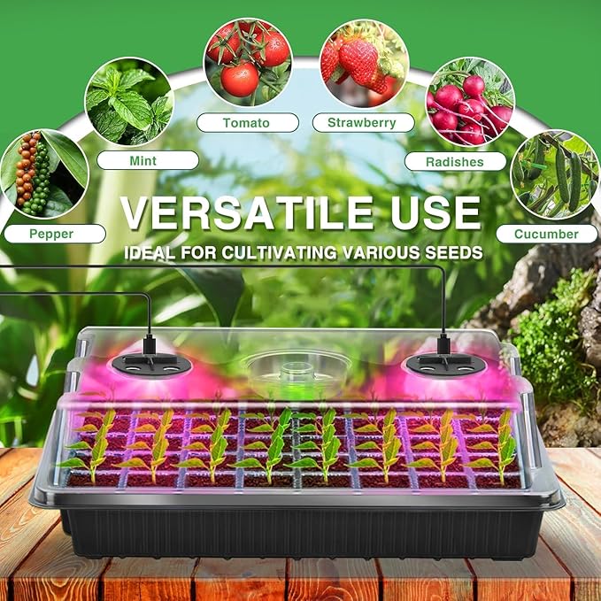 YAUNGEL Seed Starter Tray with Grow Light Seed Starter Kit with Timing Controller Adjustable Brightness 80 Cells Seed Trays for Indoor Planting with Humidity Domes Heightened Lids 2 Pack Black