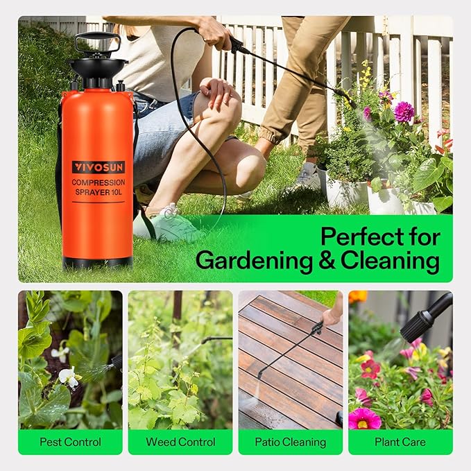 VIVOSUN 2.64-Gallon Pump Pressure Sprayer Pressurized Lawn &amp Garden Water Spray Bottle with Adjustable Shoulder Strap for Plants Spraying Garden Watering and Household Cleaning