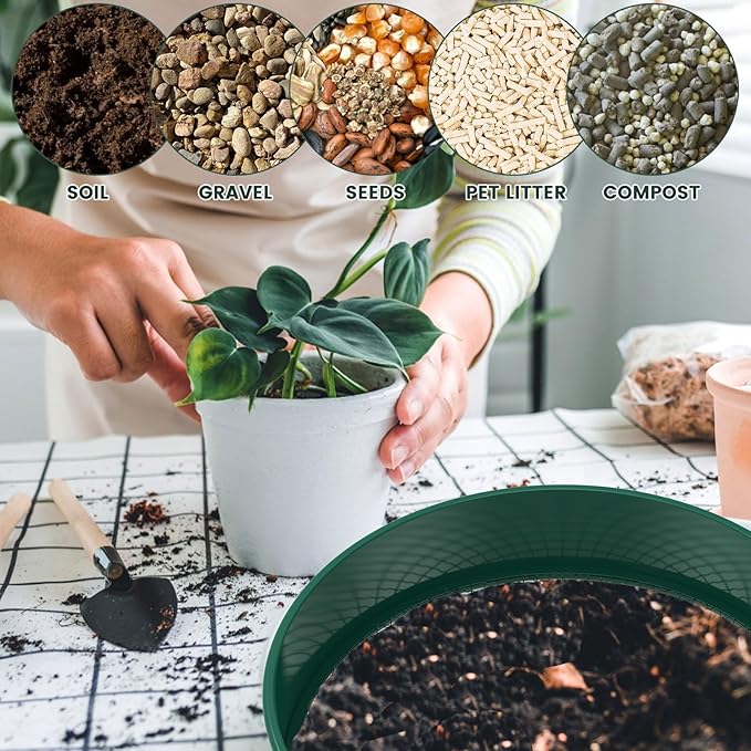 Soil Sifter for Gardening 12 Inch Dirt Garden Sieve Soil Sifter with 4 Replaceable Fine Screens and 2 Gardening Tools Rock Sieve Sifter Soil Sieve Sifter Set Sifting Pan
