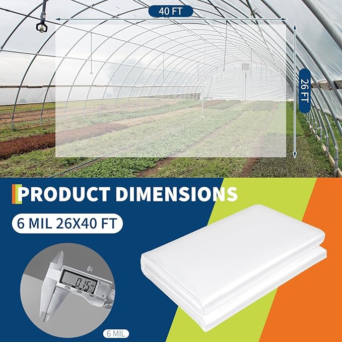 26X40FT Greenhouse Plastic Sheeting 6 Mil Thickness Transparent Greenhouse Film Waterproof Plastic Covering for Winter UV Resistant Clear Polyethylene Film for Farms Agriculture Garden