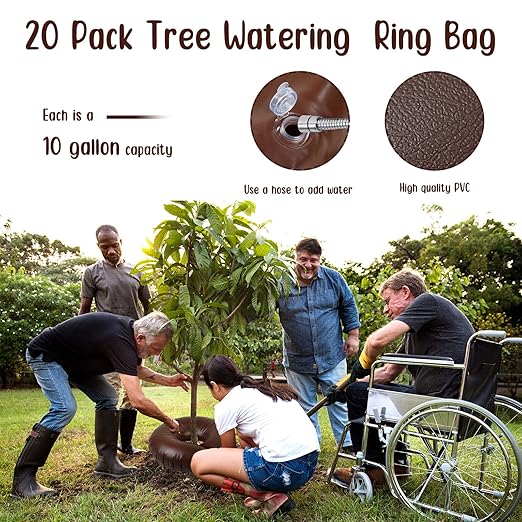 Mumufy 20 Pack Tree Watering Ring Tree Watering Bag 10 Gallon Slow Release PVC Drip Irrigation Water Pouch Automatic Drip System for Planting Gardening Trees and Shrubs 23.6 Inch (Brown)