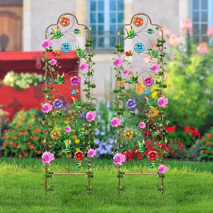2 Pack Garden Trellis for Climbing Plants Outdoor Metal Arch Trellis for Climbing Vines Plants Support 60'' H x 11'' W Hummingbird