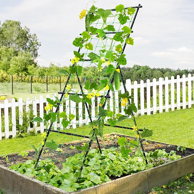 Cucumber Trellis A Frame Garden Trellis Vertical Plant Support with Netting for Raised Bed Backyard Gardening PE Coated Steel Climbing Trellis for Cucumbers Tomatoes Beans