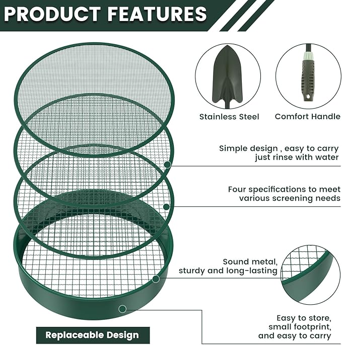 Soil Sifter for Gardening 12 Inch Dirt Garden Sieve Soil Sifter with 4 Replaceable Fine Screens and 2 Gardening Tools Rock Sieve Sifter Soil Sieve Sifter Set Sifting Pan