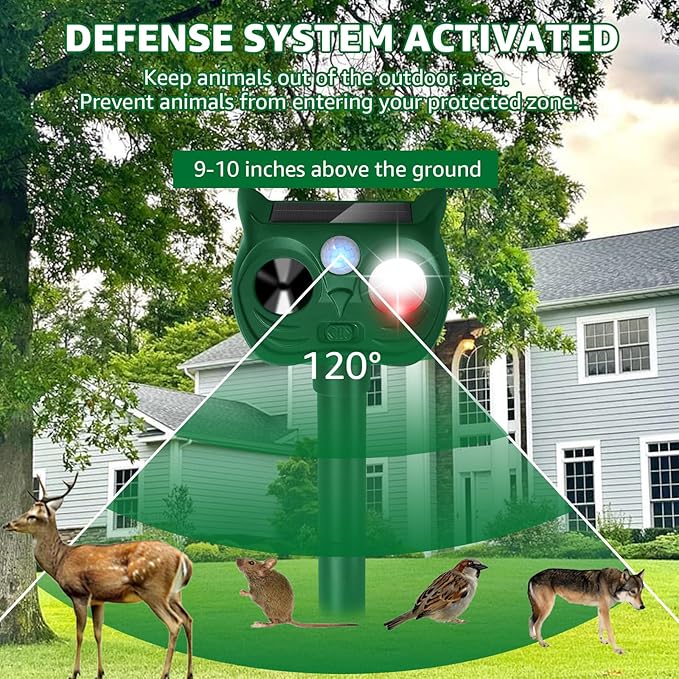 Solar Ultrasonic Animal Repellent Outdoor Motion Sensor Deer Repellent Devices Squirrel Cat Raccoon Rabbit Deterrent with Strobe Light Dual Mode Keep Skunk Away Protection for Yard Garden Lawn 1PC