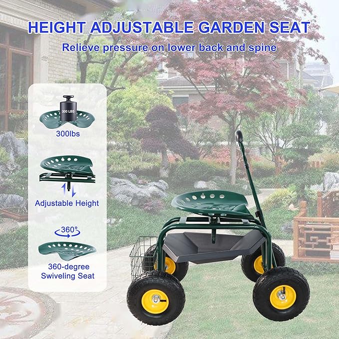 3-in-1 Garden Cart with Seat - Rolling Stool Adjustable Height Storage Tray &amp Utility Basket (Green)