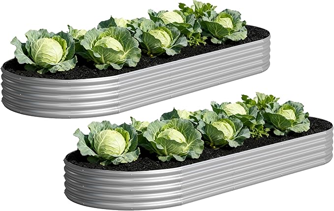 2PCS 12x4x1FT Galvanized Raised Garden Bed KitVegetable Boxes-Oval Metal Flower BoxLarge Planter Raised Beds Outdoor Garden for PlantingFruitHerb-Silver