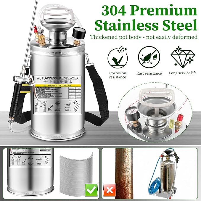 1.5Gal Stainless Steel Pump Up Sprayer Reinforced Hose Hand Pump Sprayer with Pressure Gauge&ampSafety Valve Adjustable Nozzle Suitable for Gardening (1.5 Gallon)