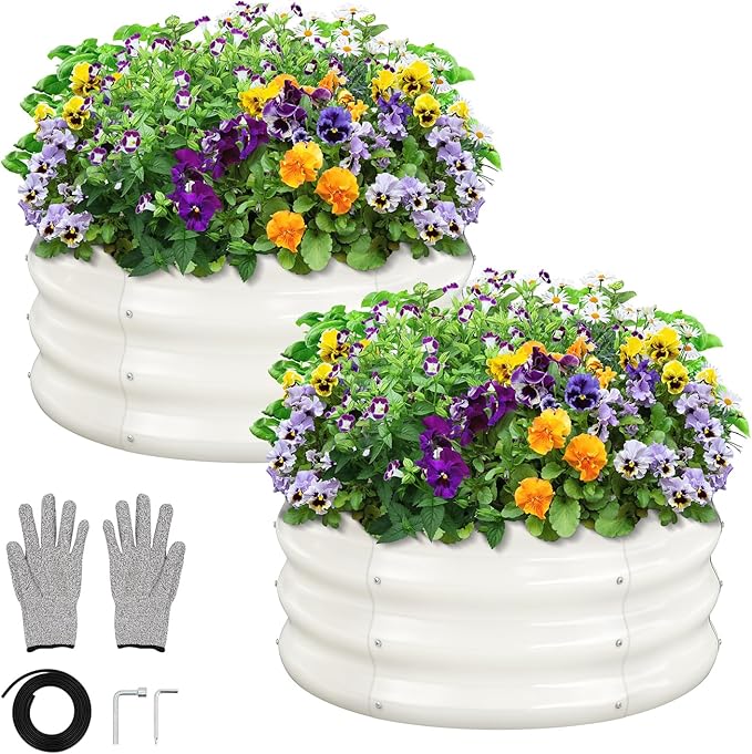 GreatBuddy 2x2x1 ft Round Galvanized Raised Garden Bed Easy-Assembly Raised Bed with Anti-Cut Gloves &amp Tools Rust-Proof Garden Bed for Outdoor Vegetables Herbs Small Trees White