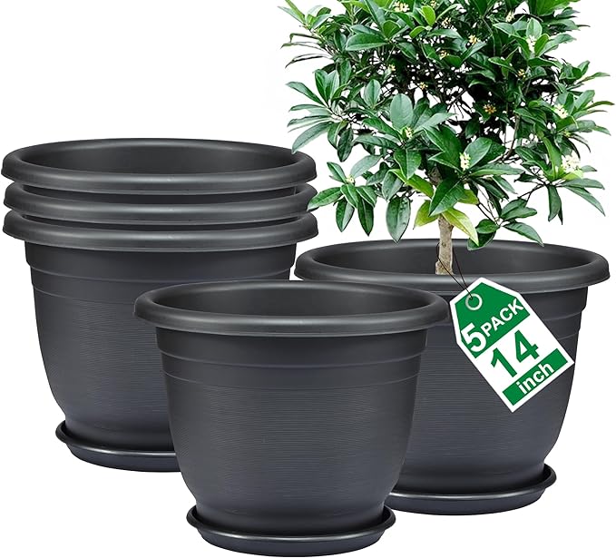 5 Packs 14 inch Flower Pots + Saucer Planters for Indoor &amp Outdoor Plants with Drainage Holes | Plastic Flower Pots Large Planter (Black 14 inch)