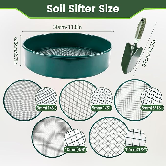 Garden Sieve Set Soil Sifter for Gardening with 3 5 8 10 12 mm Sieve Mesh Compost Dirt Sifter Suitable for Stone Sieves Soil Mixes Cat Litter Filtration