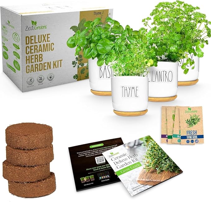 Deluxe Ceramic Indoor Herb Kit 4 Set. Variety Herbs for Indoor &amp Outdoor – Get Growing with Pots Potting Soil for Window Herb Garden. (Ceramic Edition)