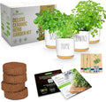 Deluxe Ceramic Indoor Herb Kit 4 Set. Variety Herbs for Indoor &amp Outdoor – Get Growing with Pots Potting Soil for Window Herb Garden. (Ceramic Edition)
