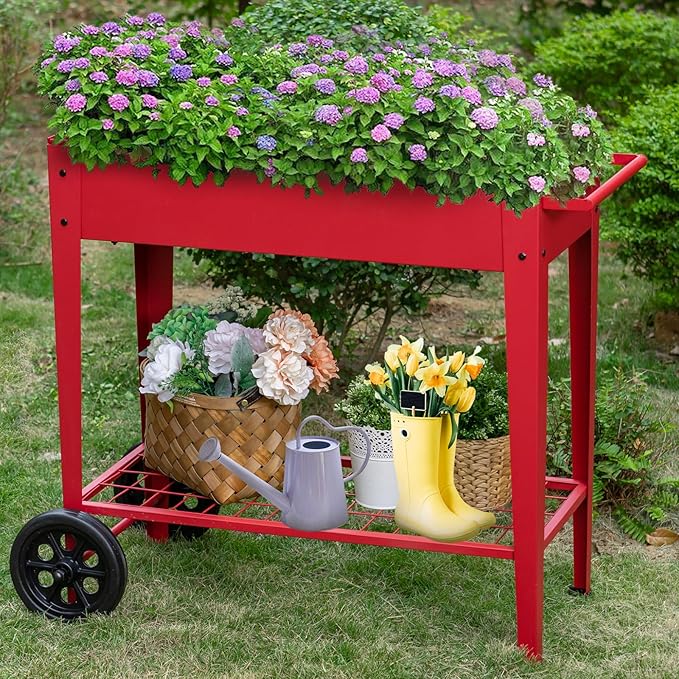 MFSTUDIO Outdoor Raised Elevated Garden Planter Box with Legs Patio Standing Planter Bed Cart on Wheels for Gardening Vegetables Flower Herb Red