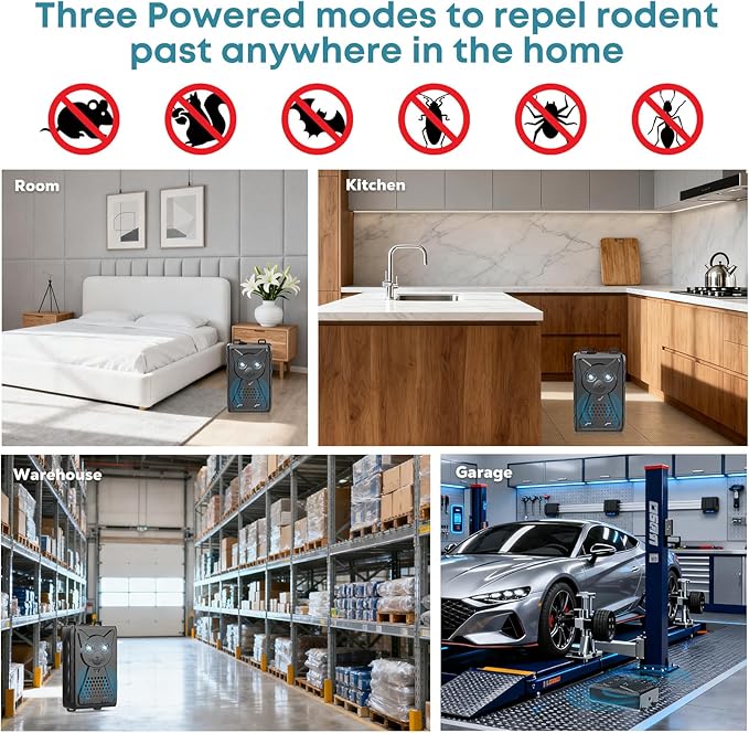 Ultrasonic Pest &amp Rodent Mouse Squirrels Repellent Plug-in Electronic Rat Bat Bug Spider Repeller Battery Operated Deterrent Control Mice for Car Engines Replace Mouse Traps Indoor Outdoor 2 P