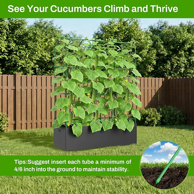 U-Shape Cucumber Trellis with Grow Bag 64 Tall Metal Garden Trellis for Climbing Plants Outdoor Reusable Cucumber Trellis for Raised Bed with Garden Netting for Tomatoes Peas Plant Vines Support