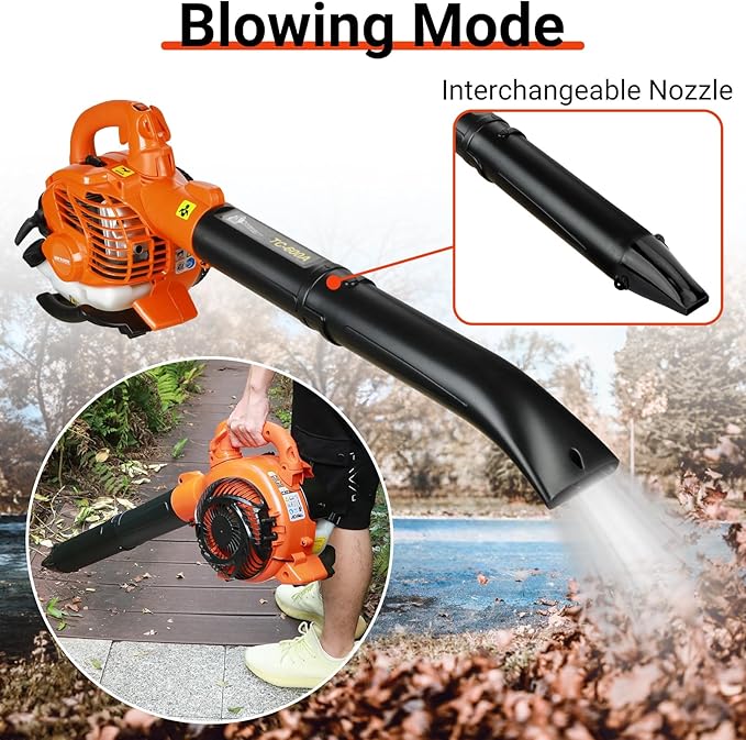 Leaf Blower Vacuum and Mulcher 2-in-1 250 MPH 424 CFM 2 Stroke Handheld Leaf Blower Gas Powered Leaf Blower Dual-Purpose (Blowing and Suction) Cleaner with Straight and Curved Blow Pipe Orange