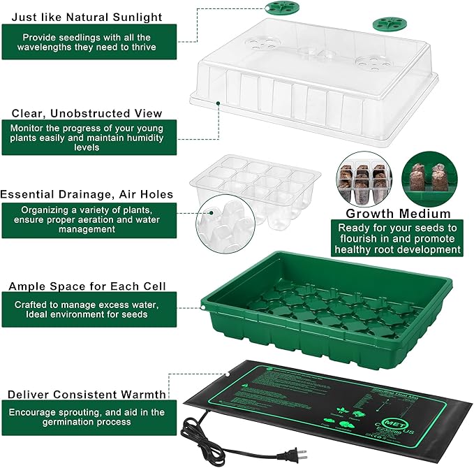Seed Starter Kit with Grow Light Seedling Heat Mat 48 Cells Seed Starter Tray with Humidity Dome and Base Germination Trays Plastic Growing Trays Plant Propagation Kit for Seed Starting Green