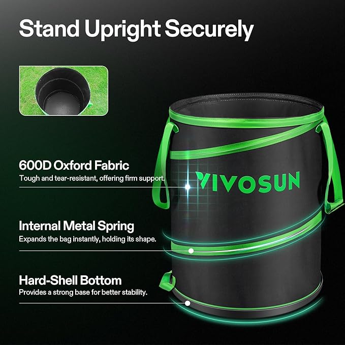 VIVOSUN 30-Gallon Collapsible Garden Bag Yard Waste Bin with Hard-Shell Bottom Leaf Scoops and Gloves Collapsible Yard Waste Containers for Lawn Care and Camping 2-Pack