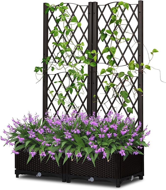Wicker Trellis Planter with Drainage Holes Outdoor Raised Garden Bed for Climbing Plants Free-Standing Vine Support Box for Patio &amp Balcony Natural Brown Finish