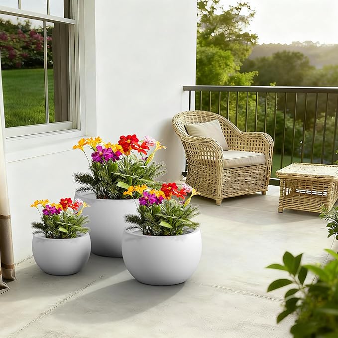 Kante 19.915.711.8 Dia Round Concrete Planter Set of 3 Outdoor/Indoor Large Bowl Plant Pots with Drainage Hole and Rubber Plug for Garden Patio Balcony Home Pure White