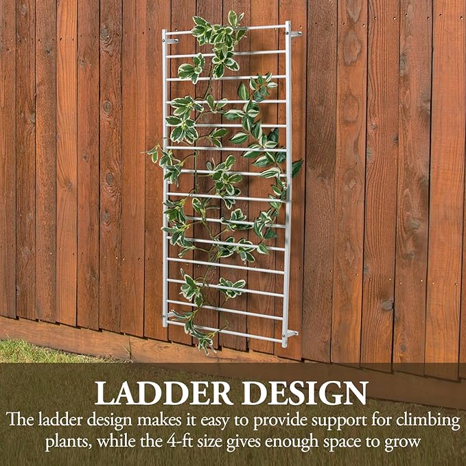 MyGift 4 Foot Tall Modern White Metal Wall Mounted Horizontal Bars Trellis Outdoor Hanging Support Frame for Climbing Garden Plants and Crawling Vines
